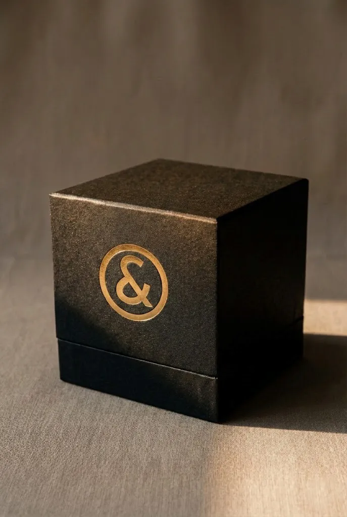 Scatola rigida personalizzata CO&IN rivestita in carta nobile con logo in foil oro lucido, ideale per packaging premium e cosmetici.