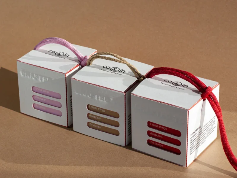 Scatola 'crafted to disappear', realizzata con materiali biodegradabili per un packaging ecologico e responsabile.